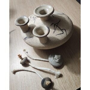 Vintage 3 Chimney Clay Oil Lamp‎ Signed By Artist.